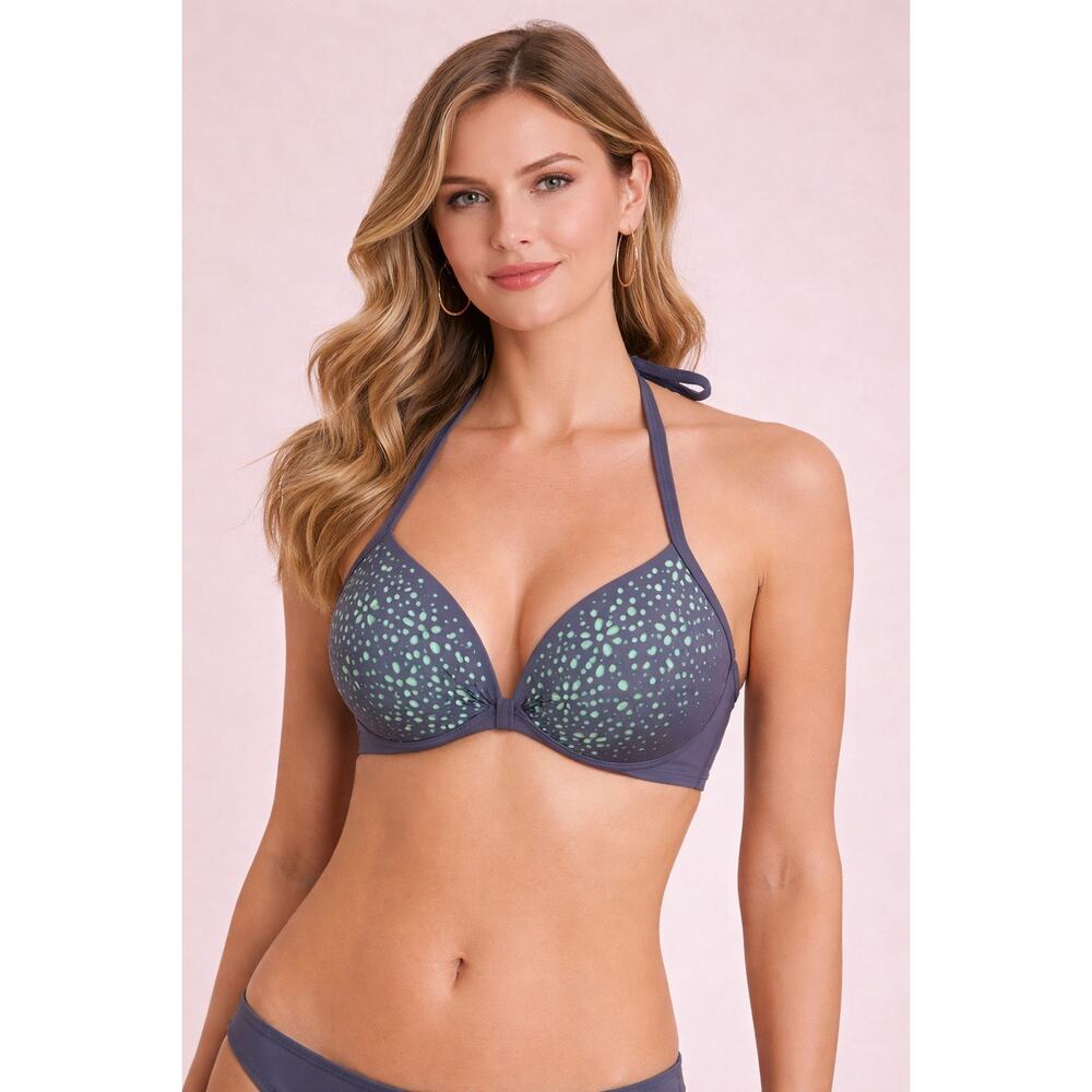 Hot Water Push Up Bikini Top Gray Green Polka Dot Halter Swim Top